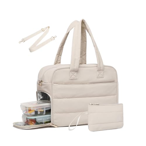 Lunch Tote Bag for Women Work, 15.6 Inch Laptop Purse with Insulated Lunch Compartment Coin Wallet for Meal, Large Puffy Quilted Travel Duffle Bag Medium-15.4" Beige