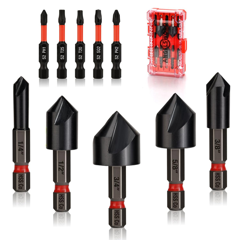 ANGELSWORD M35 Cobalt Countersink Drill Bit Set, 5 PCS 1/4"-3/4", TiAlN Coated Counter Sink Drill bit, for for Wood, Metal, Plastic 5pc HSS-Co set