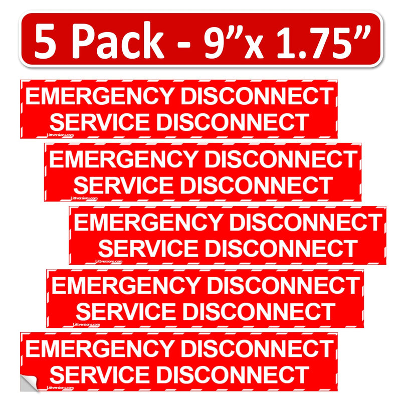 5 Pack Red 1-3/4"x 9" Emergency Service Disconnect Labels Decal Sign Notice Sticker Panel Heavy Duty Pressure Sensitive Vinyl Electrical lock out 44-944 NEC compliant White on Red 5 Pack