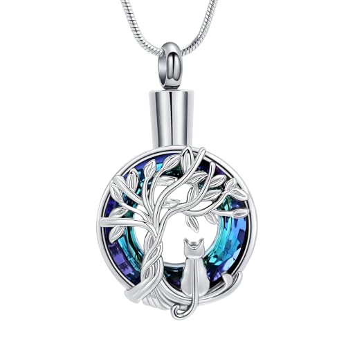 zeqingjw Cat Cremation Jewelry Urn Necklace for Ashes for Pet,Funeral Ashes Keepsake Urn Necklace Pendant Memorial Jewellery Silver-Blue