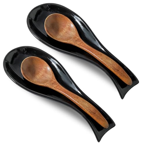 Ceramic Spoon Rest for Stove Top, Large 8.7 Inch Spoon Holder for Kitchen Counter, Porcelain Utensil Rest for Ladle, Spatula, Housewarming Gift, Dishwasher Safe and Heat-Resistant, Black, Set of 2