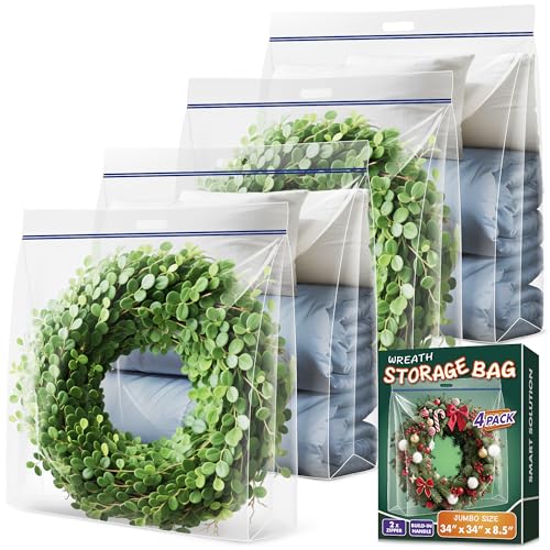 4 Pcs Extra Large Clear Wreath Storage Bag with Handle, 34"x34"x8.5" 34"x34"x8.5"