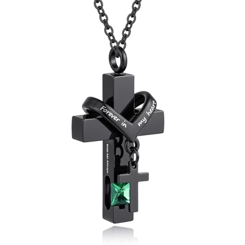 Cross Urn Necklace For Ashes Of Loved Ones With Birthstone - Forever in my heart - With Me Always Cremation Jewelry Keepsake Pendant Women Men