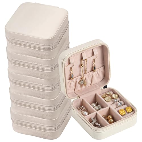 6 PCS Bridesmaid Present Jewelry Boxes, 3.9 x 3.9 x 2 in White PU Leather Travel Jewelry Case, Zippered Jewelry Storage Organizer for Women, Compact Ring Earring Necklace Holder