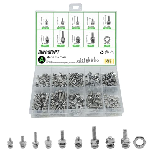 AvrestYPT 584-piece stainless steel metric screw and bolt assortment kit with M2-M5 round screws, nuts, and hardware fasteners