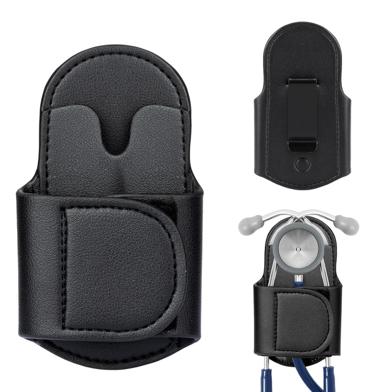 [Australia - AusPower] - Premium PU Black Leather Stethoscope Holder Hip Clip Compatible with Littmann and Most Stethoscopes, Stethoscope Holster Clips Holder Fit for Nurse, Physicians Stethoscope Pocket/Belt/Scrubs 