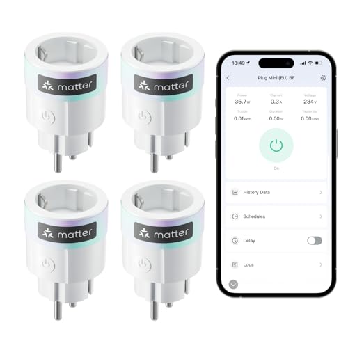 SwitchBot Plug Mini Matter Compatible with Power Monitoring, Pack of 4, WiFi Socket, Compatible with Alexa, Google Home, Apple Home and Home Assistant (via Matter), Voice & App Control, 16A Type-F small 4 Pack
