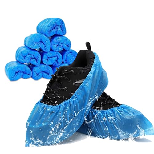 Pack of 100 Disposable Shoe Covers Waterproof & Non-Slip - Robust CPE Overshoes for Household, Cleaning, Laboratory, Guests, Construction Site, Indoor - Universal Size Blue