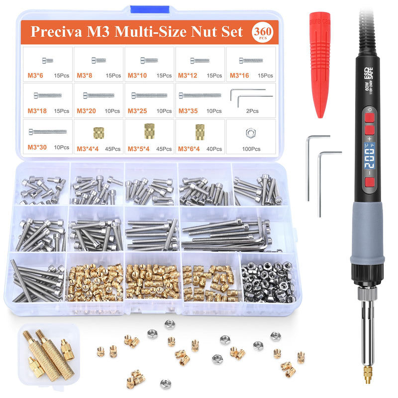 Preciva M3 Threaded Inserts Set, 360Pcs Heat Set Bolts Nuts with M3 Insert Tip and 60W Digital Soldering Iron, for 3D Printer Parts or Plastic Parts