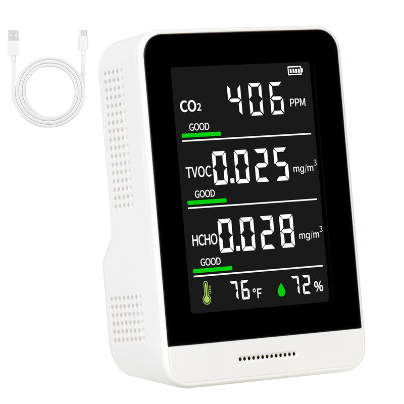 5-in-1 Air Quality Monitor Indoor for CO2/HCHO/TVOC/Temp/Hum, Portable Real-time Detector, LCD Display, Suitable for Baby Room, Living Room, Office, Kitchen, Warehouse