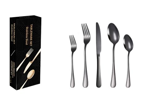 40 Pieces Premium Stainless Steel Flatware Set for 8, Ergonomic and Modern Design Cutlery Set, Mirror Polished, Dishwasher Safe (40, Titanium black) 40