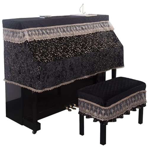 Luxury Velvet Piano Cover for Upright Pianos, Black with Gold Stars and Lace Trim, Quilted Top