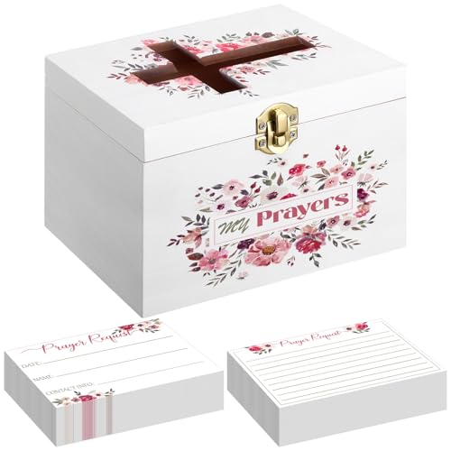 Croblissful Prayer Request Box with 100 Pcs Prayer Cards, Wooden, Flowers