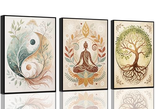 3 Pcs Tree of Life Canvas Wall Art Lotus Zen Painting Pictures Wall Decor Yin Yang Taichi Spiritual Prints Posters for Living Room Yoga Room Hotel Bedroom Home Decor 12x16in Unframed 16L"×12W" poster