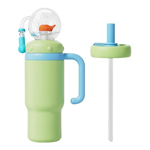 Drinking Cup with Whale Squirt, Stainless Steel Whale Fountain Tumbler, Whales Spray Straw Sippy Cups Water Bottle with Two Lids 24oz for Kids & Adults, Green