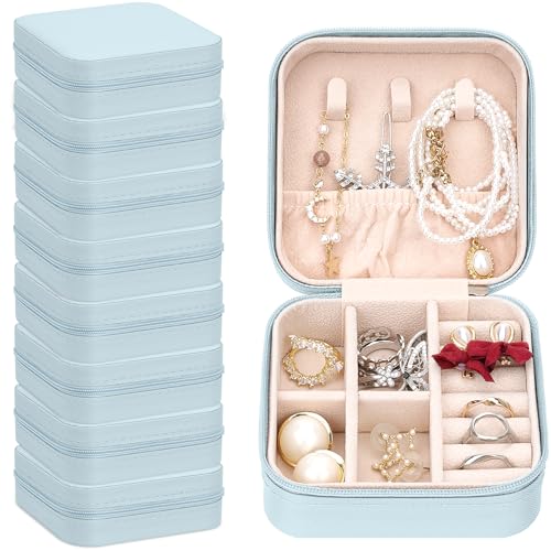 Leezmark 8 Pcs Jewelry Travel Case, Bridesmaid Gifts Set Of 8, Velvet Portable Jewelry Travel Organizer Small Jewelry Box Bridesmaid Proposal Gifts Box Mini Storage Organizer Storage Box, Light Blue
