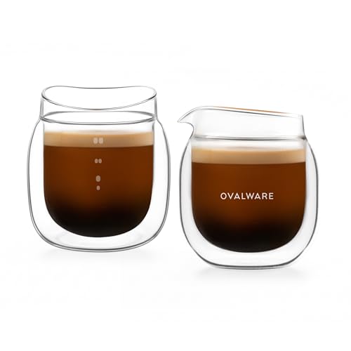 ovalware Espresso Pouring Glass Set of 2 | Double-Wall 2.7oz/80ml Shot Measuring Cup | Heat Protective Comfort | Oval Measurement Dots for Ristretto and Espresso | Drip-Free Precision Spout