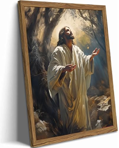 Framed Christian Jesus Canvas Wall Art, Jesus Praying Wall Decor Paintings, God Light Pictures Prints Religious Home Decor for Living Room Bedroom Church Prayer Room 12x16 inch Framed 16"L x 12"W