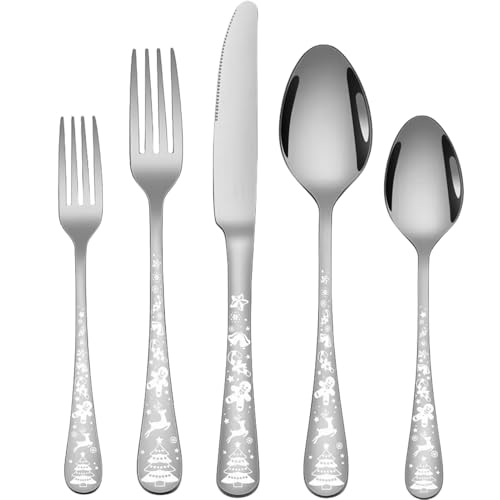 Vilihkc 20-Piece Christmas Style Silverware Set,Stainless Steel Flatware Set, Kitchen Utensil Set Service for 4,Tableware Cutlery Set for Home and Restaurant,Dishwasher Safe Silver
