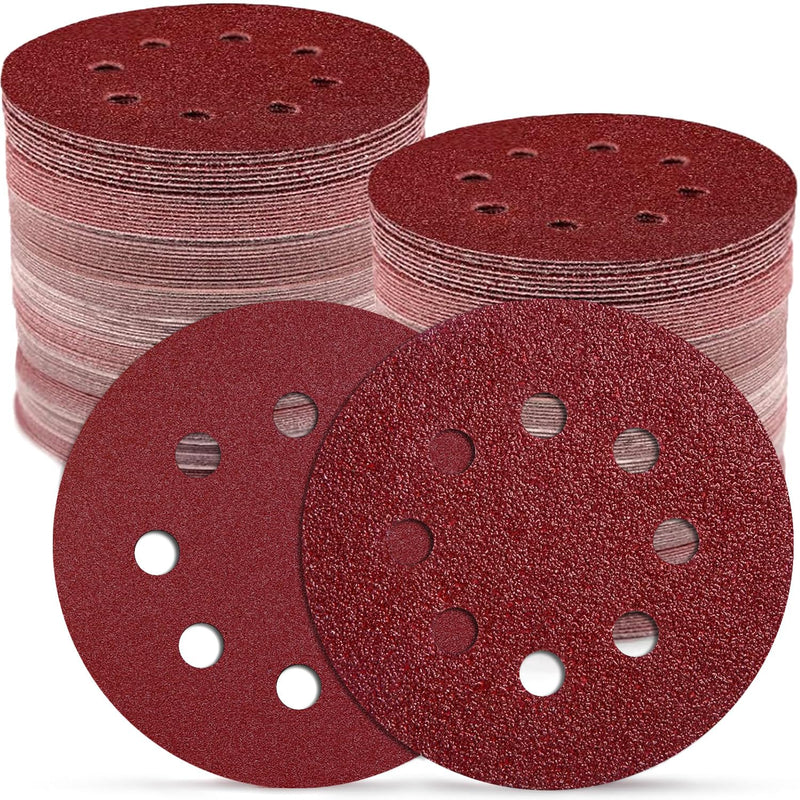 Pack of 110 Sandpaper 125 mm, Sanding Discs 125 mm 8 Holes Round (18 x P40/60/80/100/120, 10 x P180/240 Grit), Sanding Sheets for Random Orbital Sanders (Abrasion-Resistant, Does Not Release Grains)