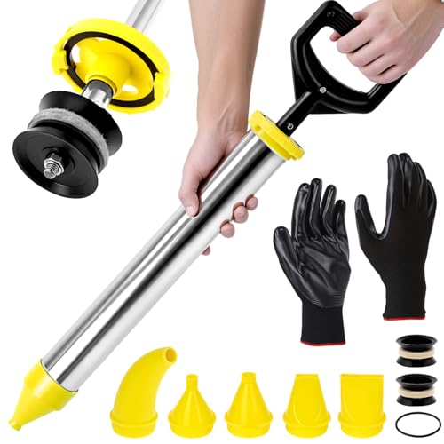 QWORK Stainless Steel Mortar Syringe with 5 Nozzles, Replacement Sealing Head and Gloves - Ergonomic and Durable for Precise Grouting