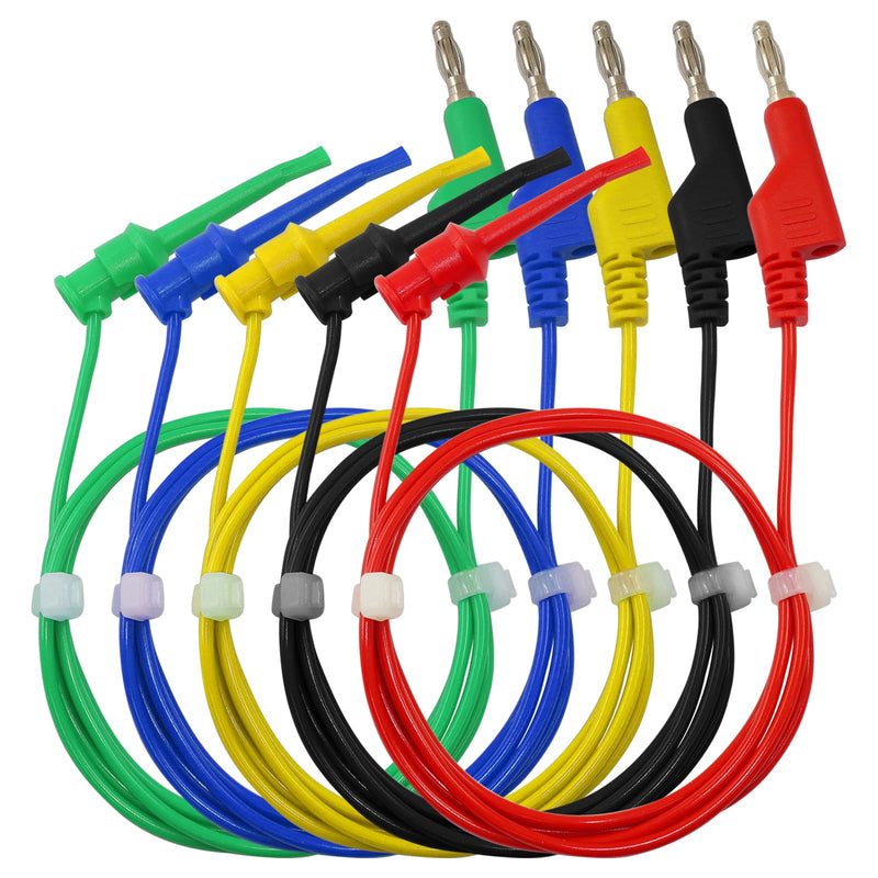 [Australia - AusPower] - 5 Pcs 4mm Stackable Banana Plug to Test Hook Wire Cable Kit, Multimeter Test Lead Set， Protective Hook Flexible Electrical Testing Wire Leads for Multimeter Electrical Testing 500V/5A 5 Colors 
