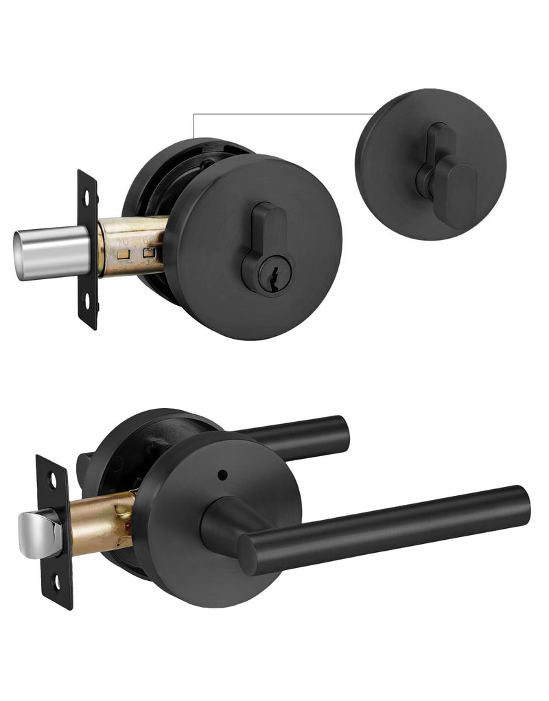 Lethato Black Door Handle and Deadbolt Set, Heavy Duty Front Door Lock Set, Exterior Door Lever Single Keyed Round Deadbolt Lock (1 Pack) Matte Black 1