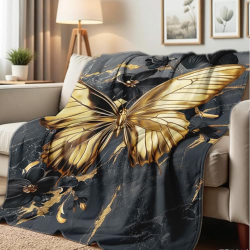 Printed Bed Blanket Black Gold Butterfly Throws Soft Flannel Blanket Butterfly Love Gifts Butterflies Decor for Couch Bed (49"x59") 49"x59"