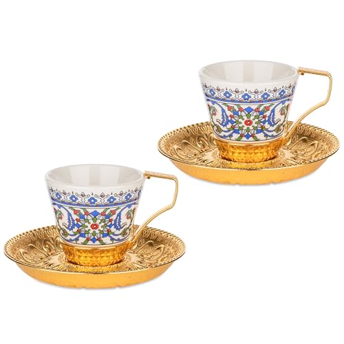 Alisveristime 2-Piece Turkish Coffee Cup Set with Zamac Saucers – Topkapi Pattern Porcelain Cups, Ottoman Style with 2 Color Options (Gold) Gold