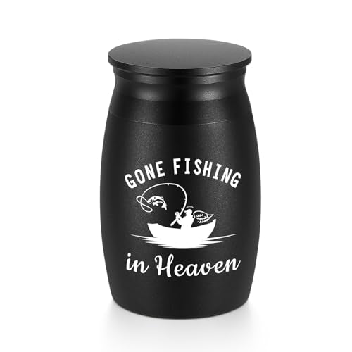 SOITIS Small Urns for Human Ashes - 2.76 Inches Black Aluminium Urn for Ashes Keepsake, Cremation Urns Memorial Holder, Funeral Sharing Decorative Urn for Women Men - Gone Fishing Mini Urn