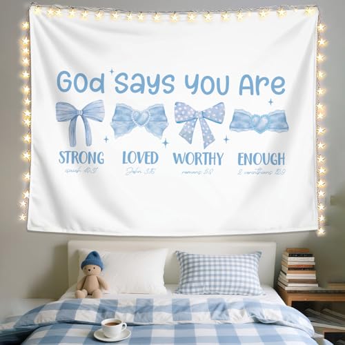LIANGW Preppy Blue Bow Christian Tapestry, God Says You Are Inspirational Scripture Wall Art, Bible Bow Aesthetic for Girls Bedroom for Dorm Room, Based Blue Room Decor Aesthetic 50x60 inch 03 - God Says You Are(blue01)