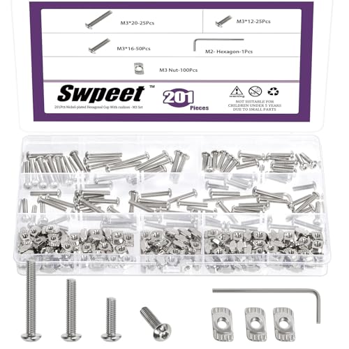 Swpeet 201Pcs M3 Nickel Plated T Nuts Screws with Hex Wrench Assortment Kit, M3×12/16/20 Button Head Hex Socket Head Cap Bolts, T Slot Nut Hammer Head Fastener for 2020 Series Aluminum Profile Groove