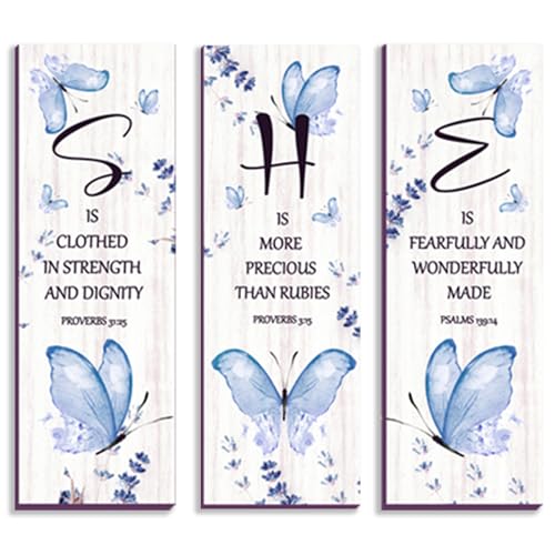 DONFENTHY 3 Pcs Butterfly Wall Decor Blue Room Decor Butterfly Wall Art Wooden Hanging with Religious Bible Word Sign for Women Room Bathroom Bedroom Office Decoration(Blue, 12x4 Inch)