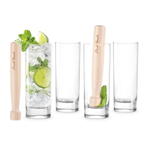 Final Touch Mojito Highball Glasses 10 oz & Wood Muddlers, 6-Piece Set Set of 4 with 2 Muddlers