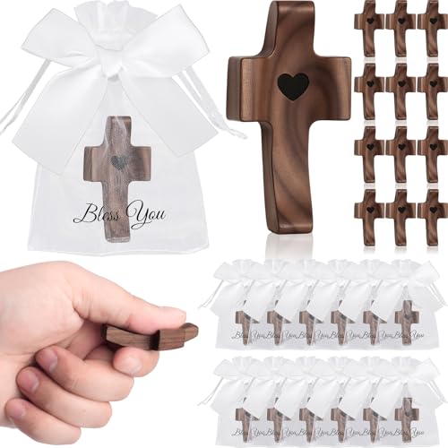 Cross My Heart Wooden Cross Fidget with Organza Bags, Small Pocket Crosses Christian Church Gifts, Inspirational Fingertip Stress Relief Toy Encouragement Gifts for Women Men Prayer (18 Sets) 18