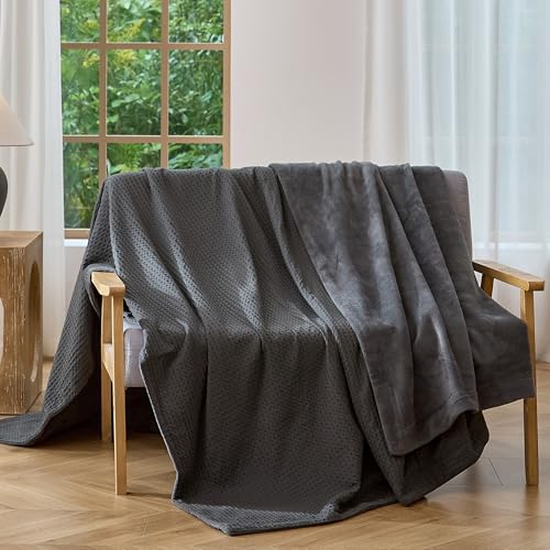 CHUFFED Cotton Waffle Blanket Throw Size - Plush Milk Velvet & Reversible Waffle Weave,Anti-Static 500Gsm Design，Thick Cozy Soft Winter Blanket for Bed, Couch, Sofa - Dark Grey, 50x70 Inches Throw XL