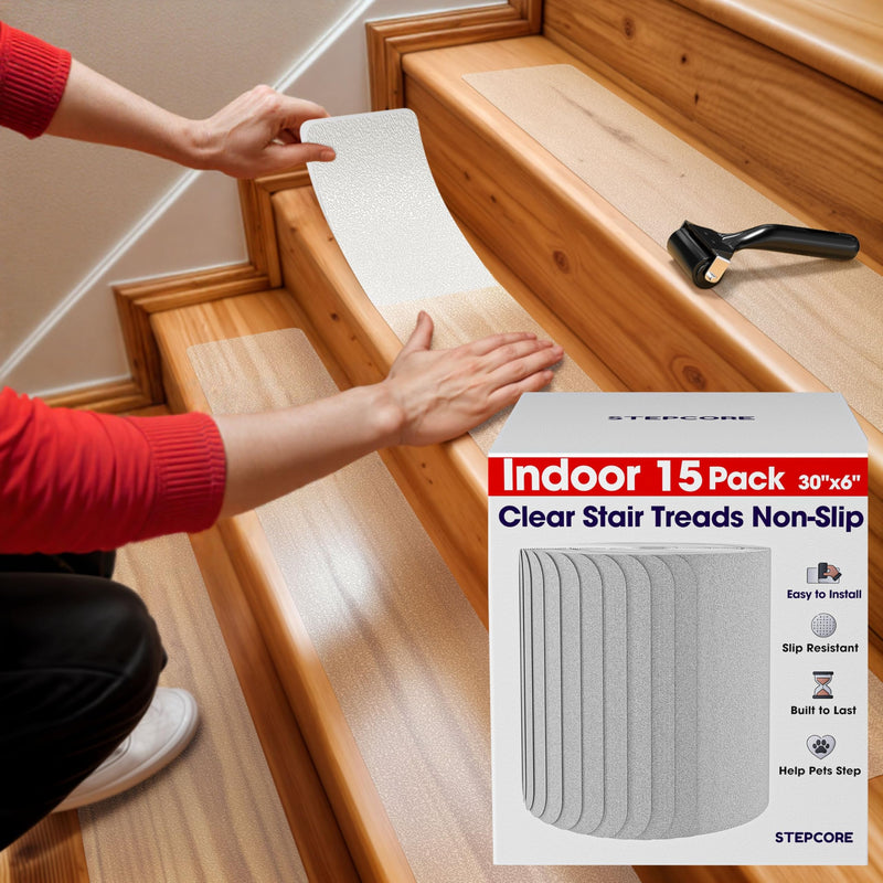 Clear Non Slip Stair Treads for Wooden Steps Indoor 30"x6" – 15-Pack Peel Stick Stair Treads – Self Adhesive Transparent Step Covers – Stair Grip Tape for Dogs, Kids – by STEPCORE Clear - Indoor 6" x 30" x 15 Pack