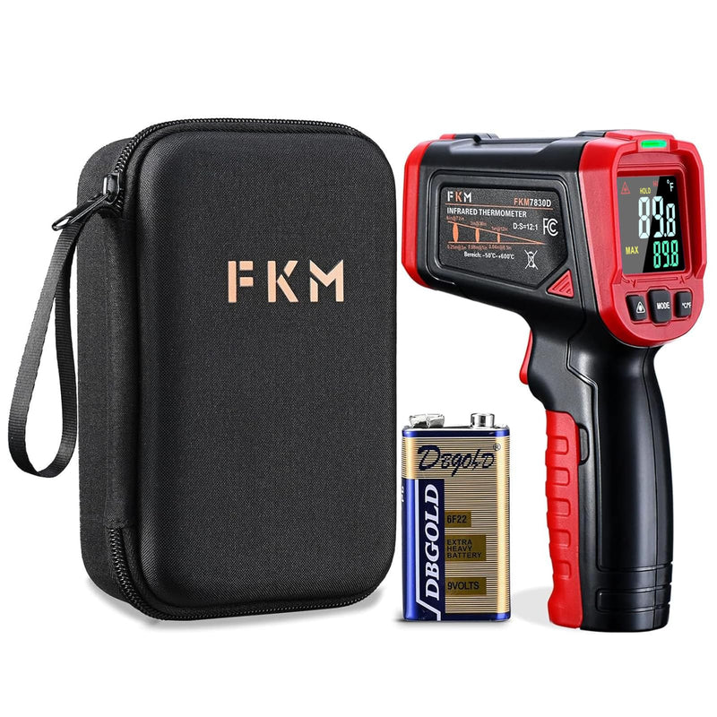 [Australia - AusPower] - FKM Infrared Thermometer Gun,Non Contact Laser Thermometer Gun for Industrial,HVAC,Engine,Kitchen Cooking,Digital IR Temperature Gun -58°F~1112°F(-50°C~600°C) Adjustable Emissivity,Not for Human Red(Upgrade screen display / -58°F~1112°F / 12:1) 