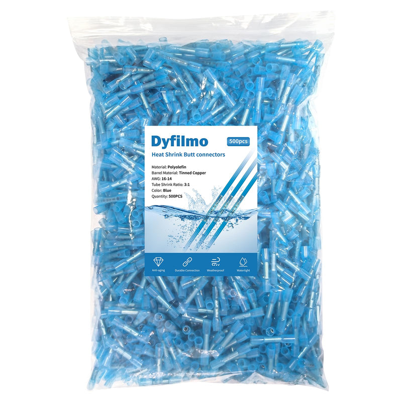 Heat Shrink Butt Connectors - 500Pcs 16-14 AWG Blue Waterproof Electrical Wire Connectors Automotive Marine Grade Wire Crimp Terminals Butt Splices for Cable,Boat,Home Electrical etc. [16-14 AWG] x 500