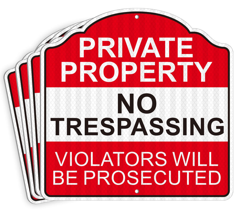 (4 Pack) Reflective Metal Private Property No Trespassing Signs, 12" x 12" Heavy-duty Aluminum Private Property Signs Outdoor, Keep Out Violators Will Be Prosecuted, Weather-resistant