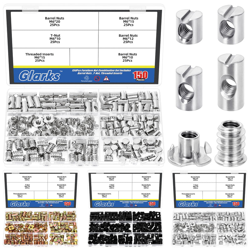 [Australia - AusPower] - Glarks 150pcs M6 x 10/12/15/20mm Nickel Plated Barrel Cross Dowels Slotted Nut Kit, Includes 100pcs Barrel Nut, 25pcs M6x10mm 4-Pronged Tee Nut, 25pcs M6x15mm Hex Socket Threaded Insert Nuts 150pcs Silver Barrel Nut Set 