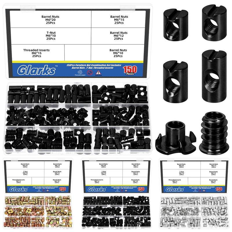 [Australia - AusPower] - Glarks 150pcs M6 x 10/12/15/20mm Black Barrel Cross Dowels Slotted Nut Kit, Includes 100pcs Barrel Nut, 25pcs M6x10mm 4-Pronged Tee Nut, 25pcs M6x15mm Hex Socket Threaded Insert Nuts 150pcs Black Barrel Nut Set 