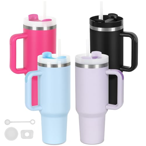4 Pack 40 Oz Tumblers with Handle Bulk, Double Wall Vacuum Insulated Stainless Steel Tumblers with Lid and Straw, 40 oz Cups with Silicone Spill Proof Stopper Set (Black,Sky Blue,Purple,Hot Pink) Black,Sky Blue,Purple,Hot Pink