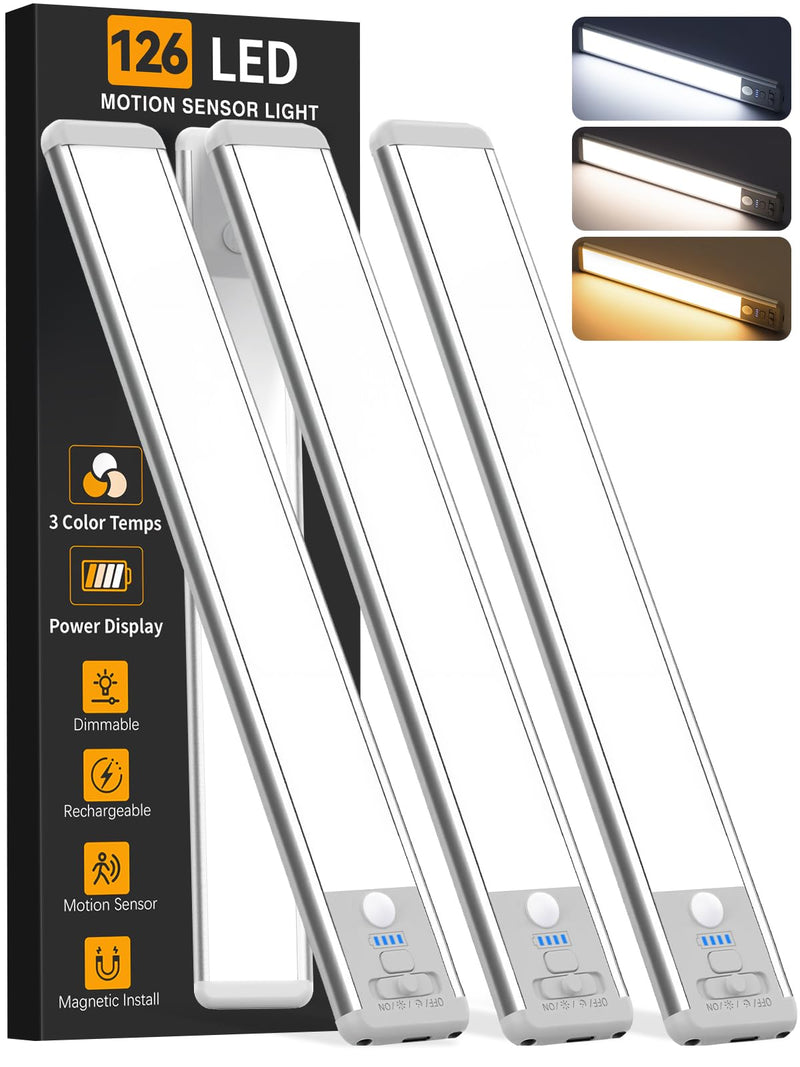 [Australia - AusPower] - Under Cabinet Lighting Wireless, 15inch Rechargeable Motion Sensor Light Indoor, 3 Color Closet Light Battery Operated with LED Power Display, Magnetic Under Counter Lights for Kitchen, Home (3Pack) 3Pack-15inch 