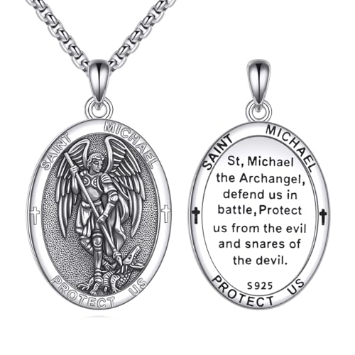Patron Saint Necklace 925 Sterling Silver Round Protection Pendant Amulet Medal with 22+2 Inches Chain Jewelry Gift for Men and Women (with Gift Box) A01 Saint Michael
