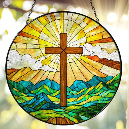 Christian Cross Stained Glass Window Hanging Art Light Sun Christian Gifts for Women Handmade Jesus Suncatchers Decoration for Garden Home Windows Hanging, 7.87inch Cross-02