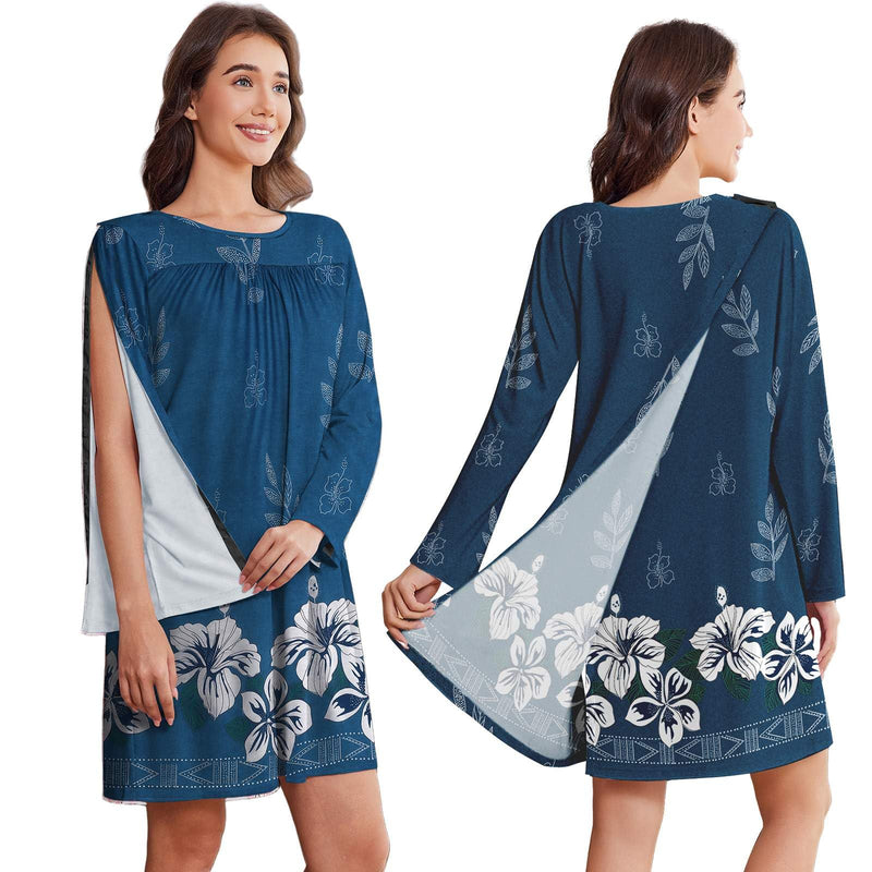 [Australia - AusPower] - Deyeek Hospital Gowns for Women Open Back Dress Long Sleeve Post Surgery Tear Away Snaps Adaptive Nightgowns with Arm Snaps Blue Print XX-Large 