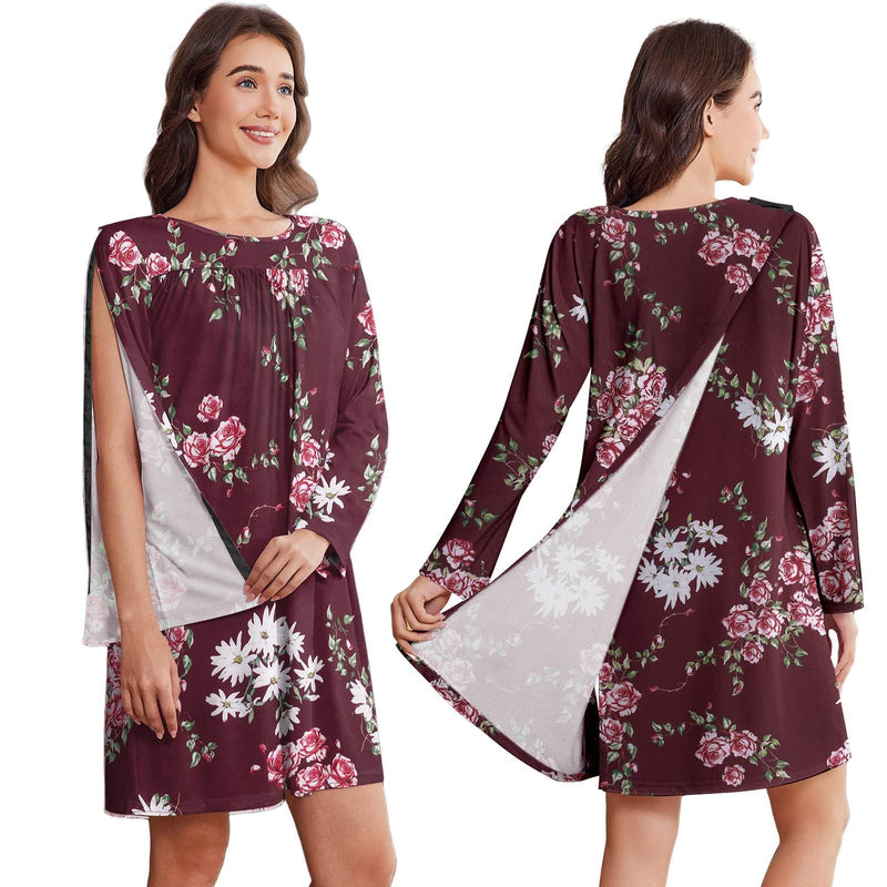 [Australia - AusPower] - Deyeek Hospital Gowns for Women Open Back Dress Long Sleeve Post Surgery Tear Away Snaps Adaptive Nightgowns with Arm Snaps Red Print XX-Large 