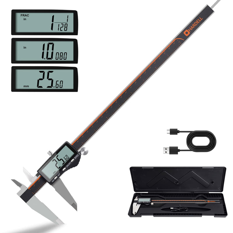 [Australia - AusPower] - HARDELL Digital Caliper 12 Inch, Rechargeable Calipers with Large LCD Screen, Stainless Steel Digital Caliper Measuring Tool, Auto-Off, Inch/MM/Fraction for DIY/Household/3D-printing 