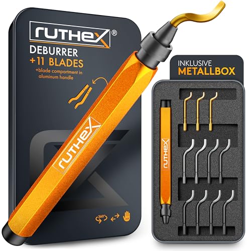 ruthex Deburring in Metal Box with 11 Blades for Plastic, Metal, Stainless Steel - Ideal for 3D Printing - Hand Deburring with Handle Storage Compartment - Additional Titanium Coated Deburring Blades for Drilling V2 deburring + 11 blades box